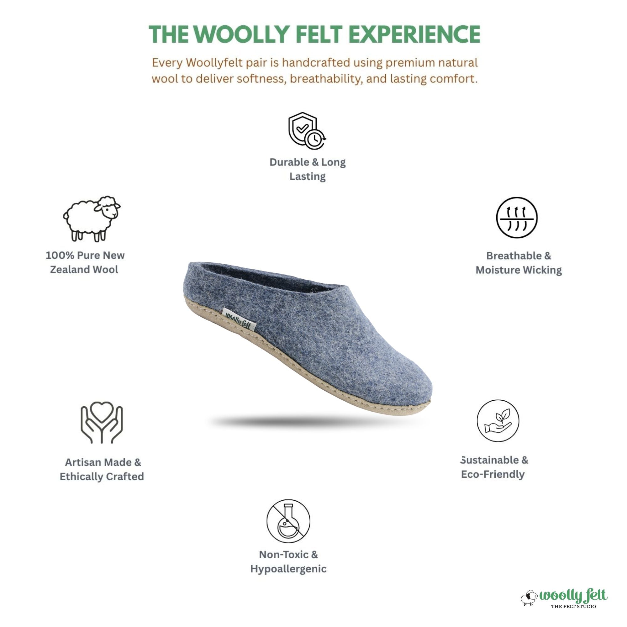 Denim Blue Handmade Wool Felt Indoor Slipper with Leather Sole