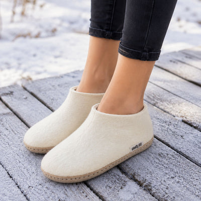 White Handmade Wool Felt Indoor Shoes with Leather Sole