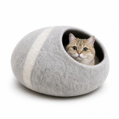 Handmade Gray Felt Cat Cave - Wool Cat House in Natural Grey Colors- Modern Pet Furniture- Ideal Gift For Pet Lover