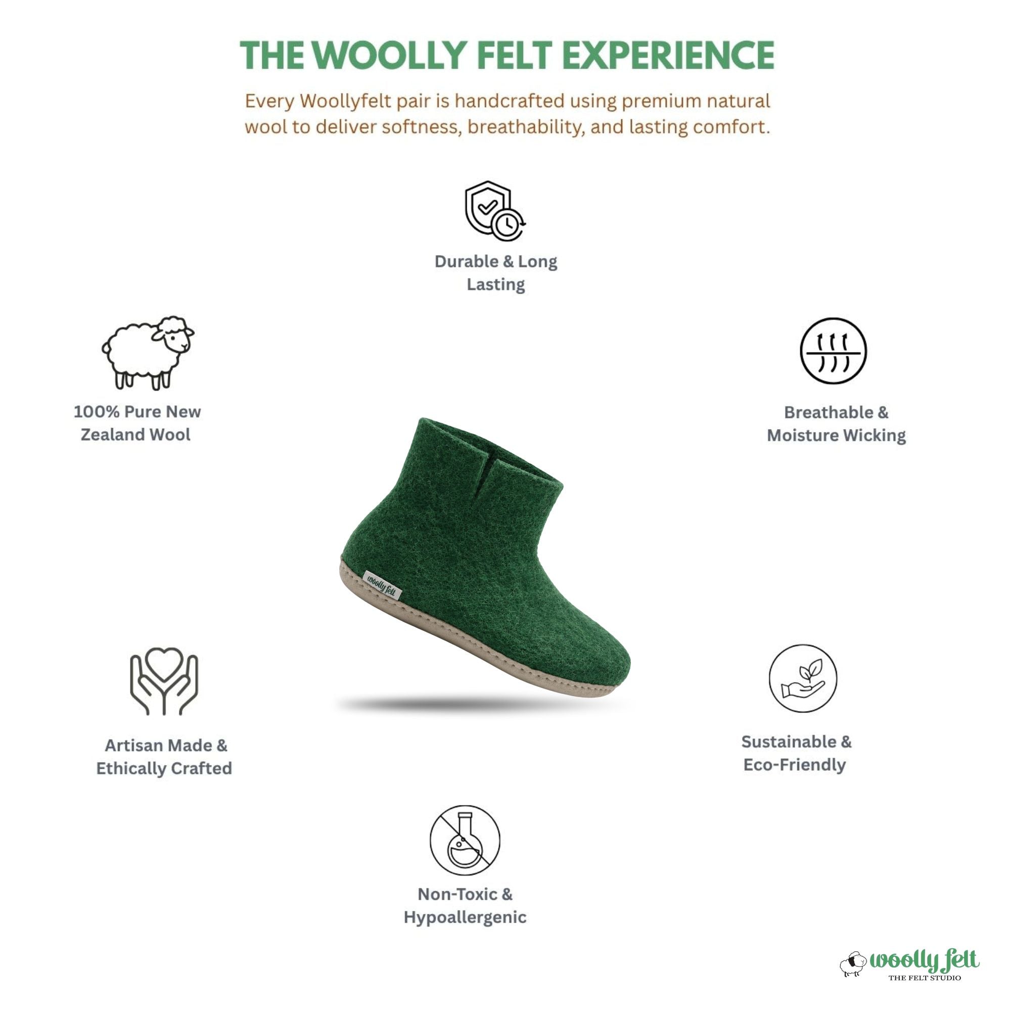 Forest Green Handmade Wool Felt Indoor Boot with Leather Sole