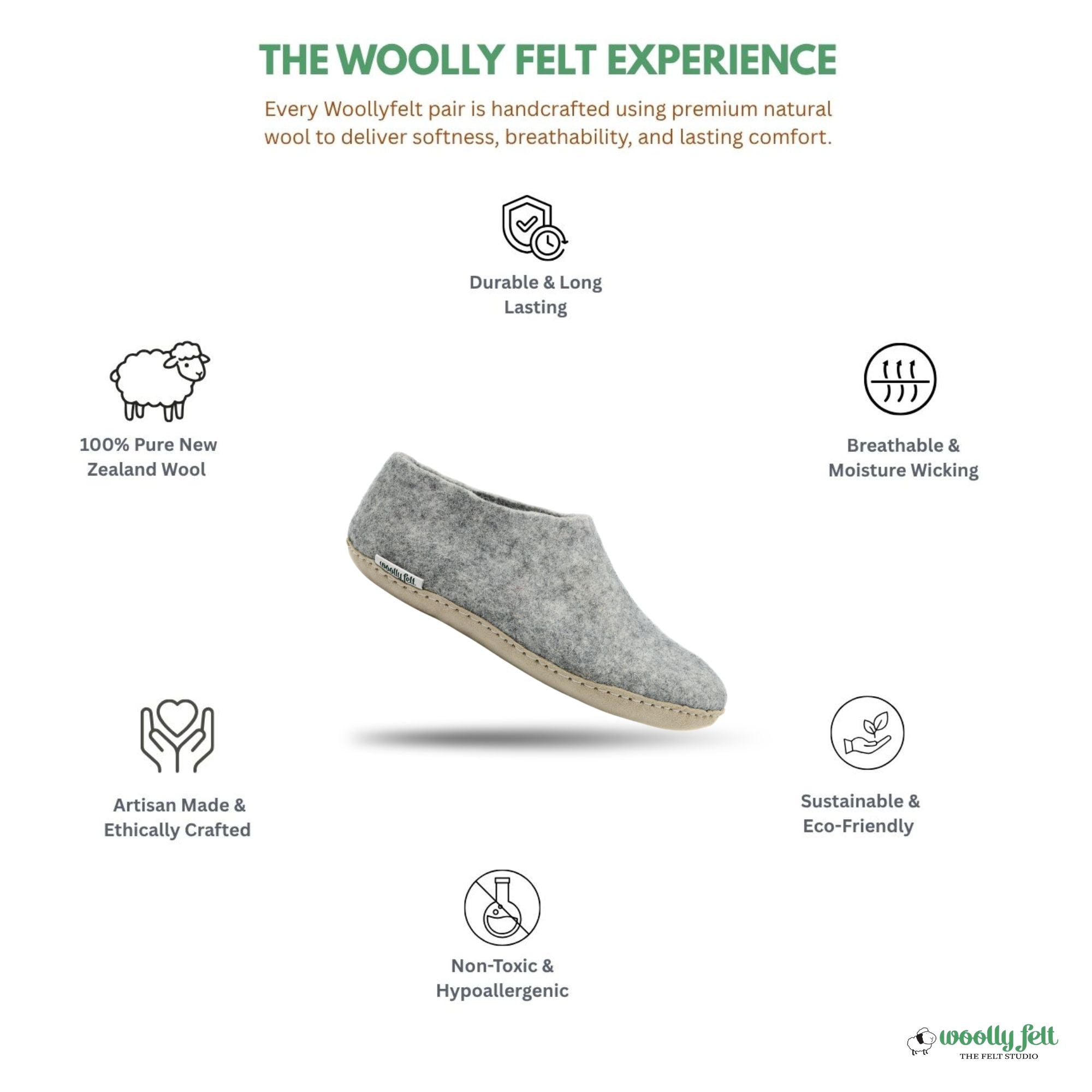 Natural Grey Handmade Wool Felt Indoor Shoes with Leather Sole