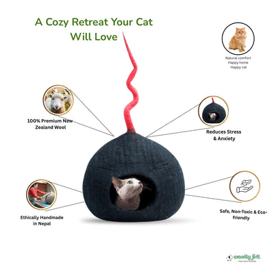 Niche pour chat en feutre noir avec queue rouge, lit douillet pour chat, pod pour chat