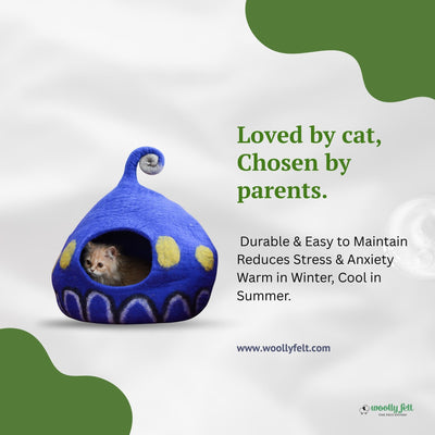 Niche pour chat en feutre bleu en spirale, lit pour chat en laine fait main