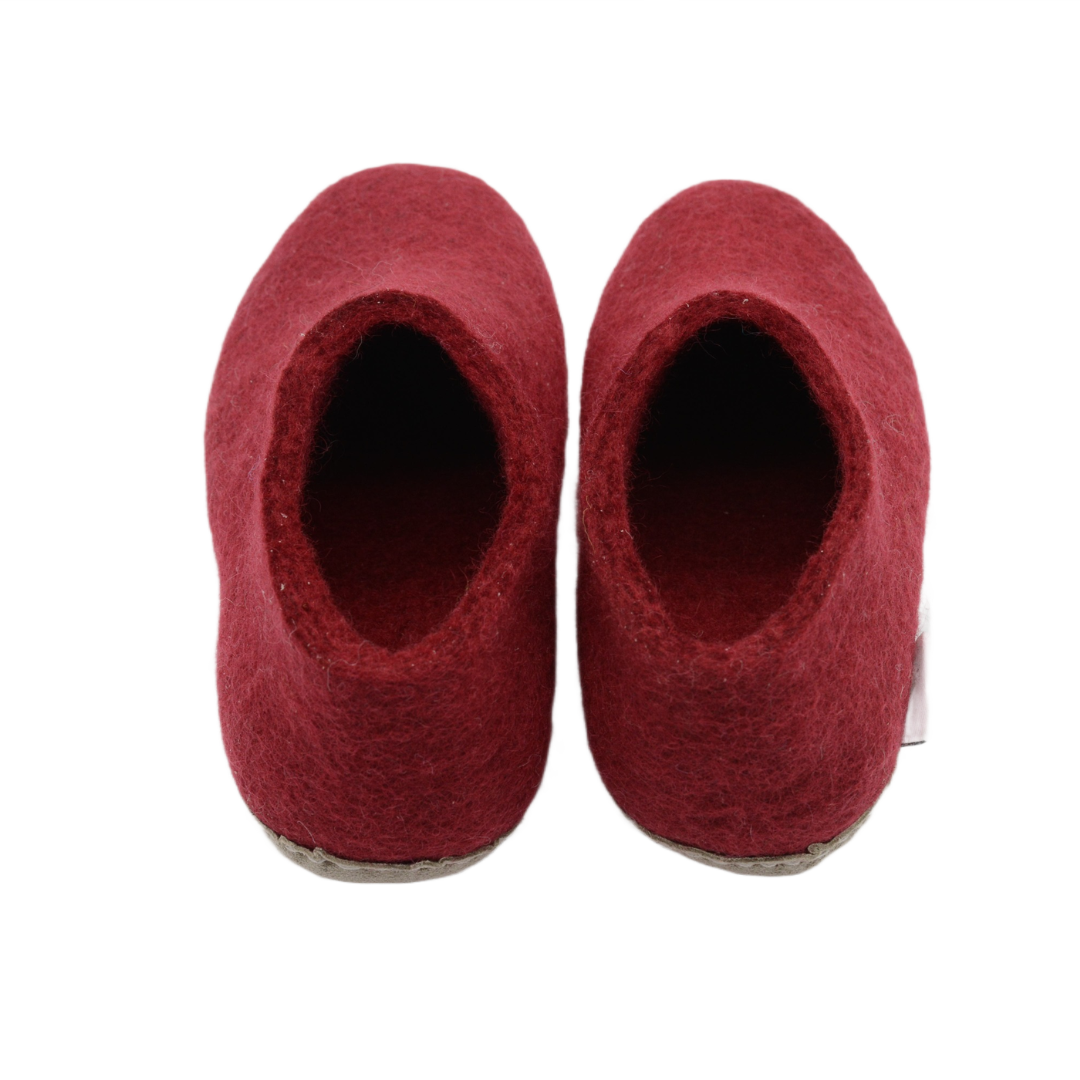 Maroon Handmade Wool Felt Indoor Shoes with Leather Sole