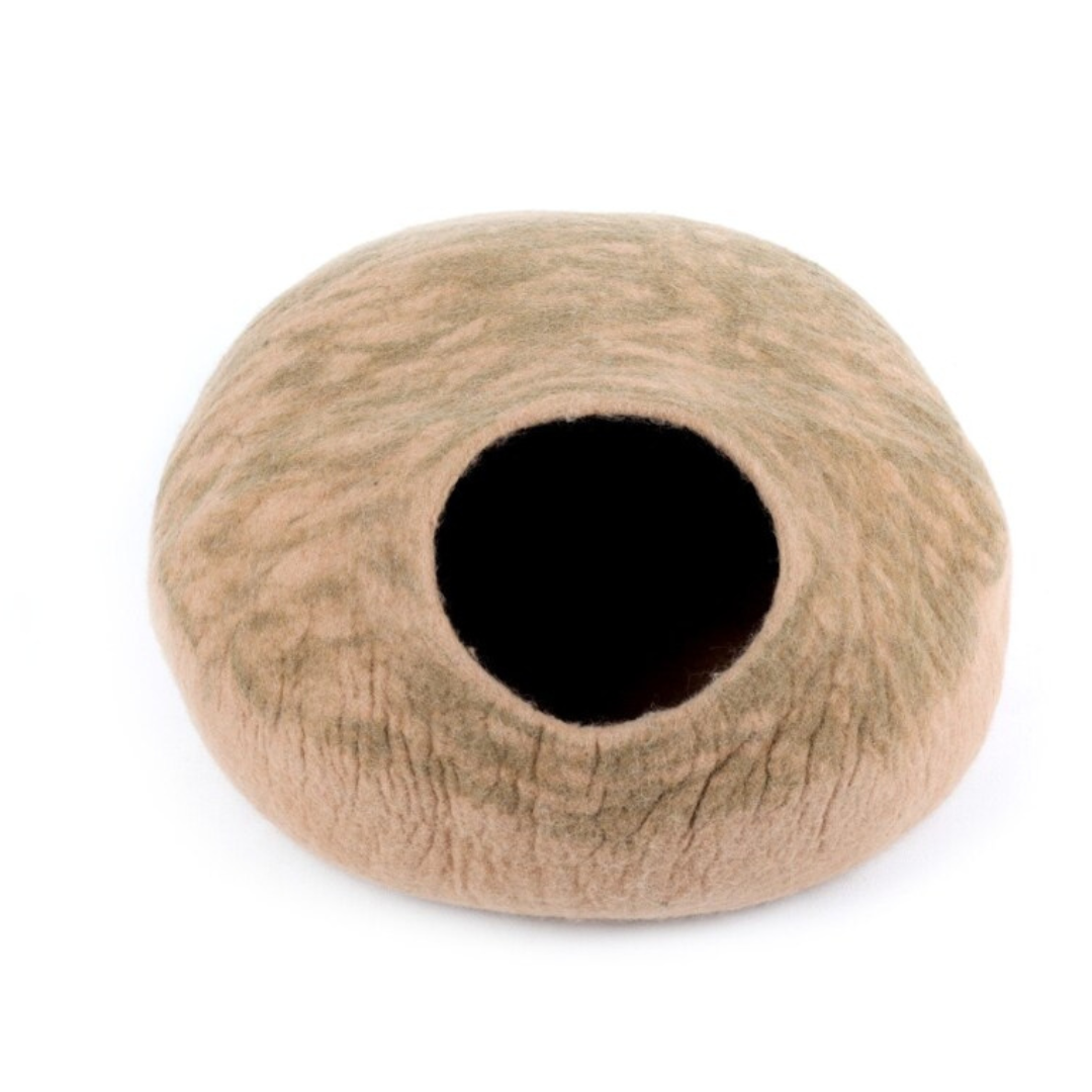 Niche pour chat en feutre à rayures beiges, fabriquée à la main en laine, lit pour chat, maison pour chat
