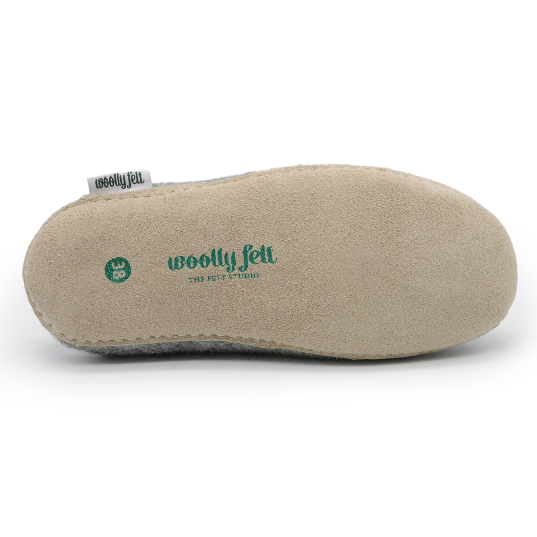 Natural Grey Handmade Wool Felt Indoor Slipper with Leather Sole
