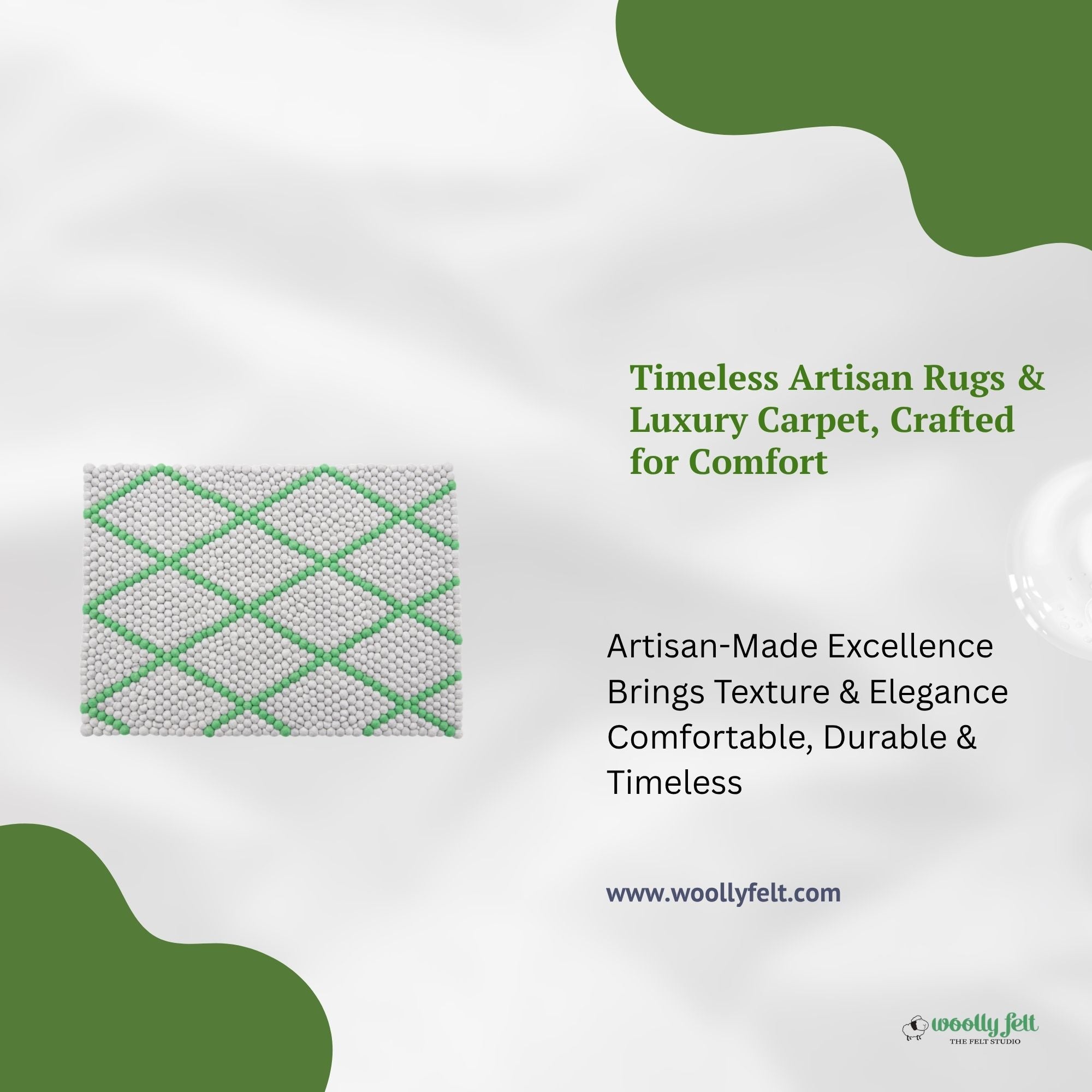 Tappeto rettangolare in lana Green Diamond, fatto a mano.