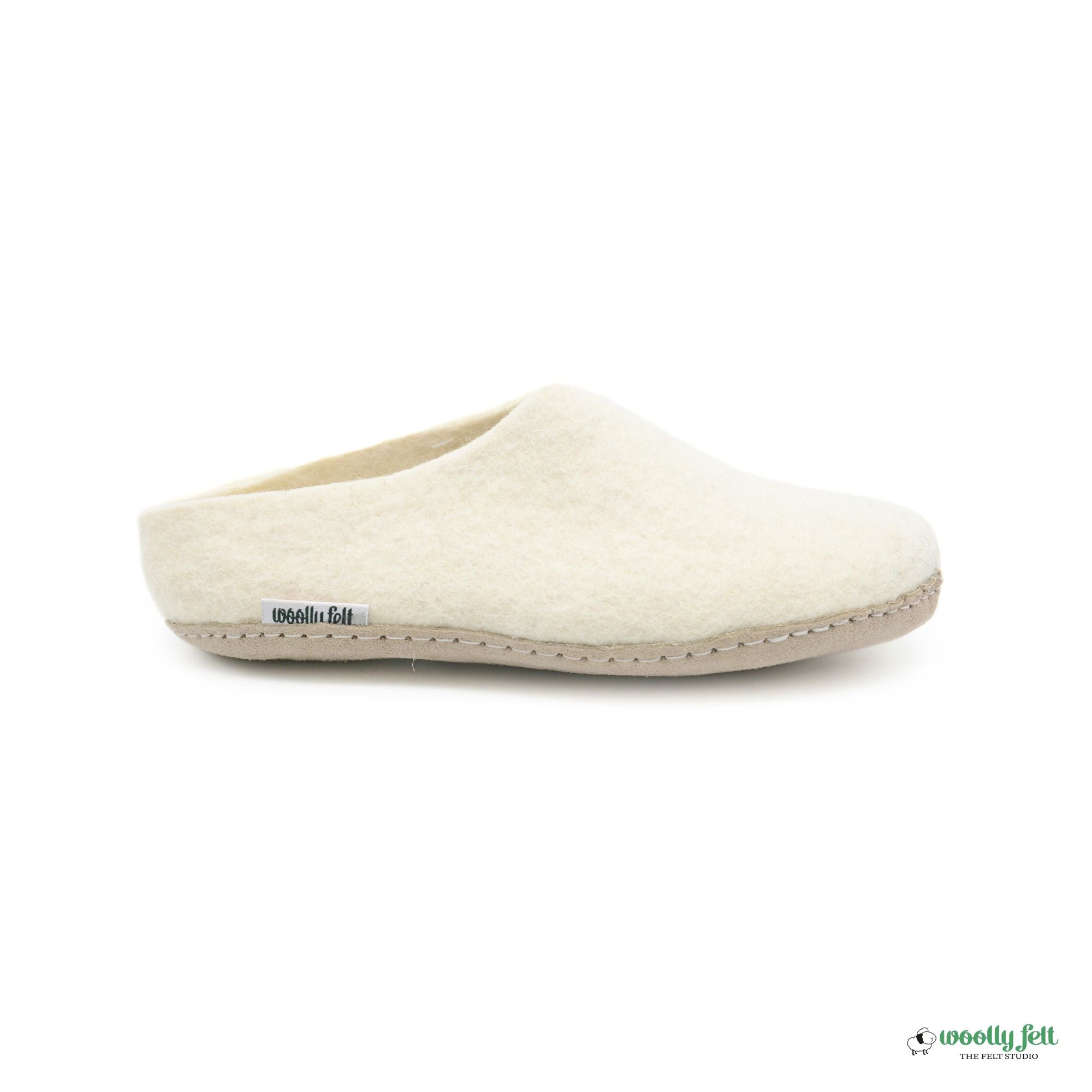 White Handmade Wool Felt Indoor Slipper with Leather Sole