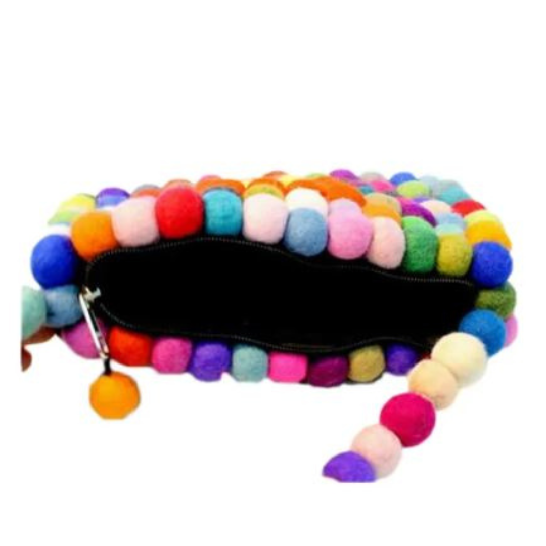 Sac à bandoulière en feutre de laine multicolore avec sangle en boules de feutre