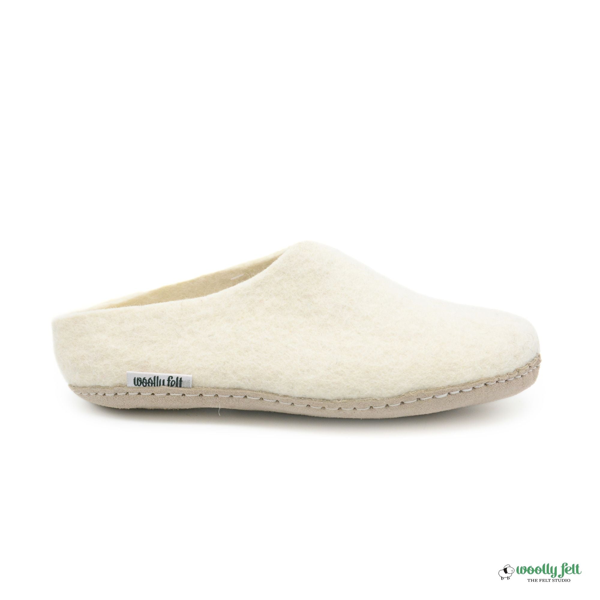 White Handmade Wool Felt Indoor Slipper with Leather Sole