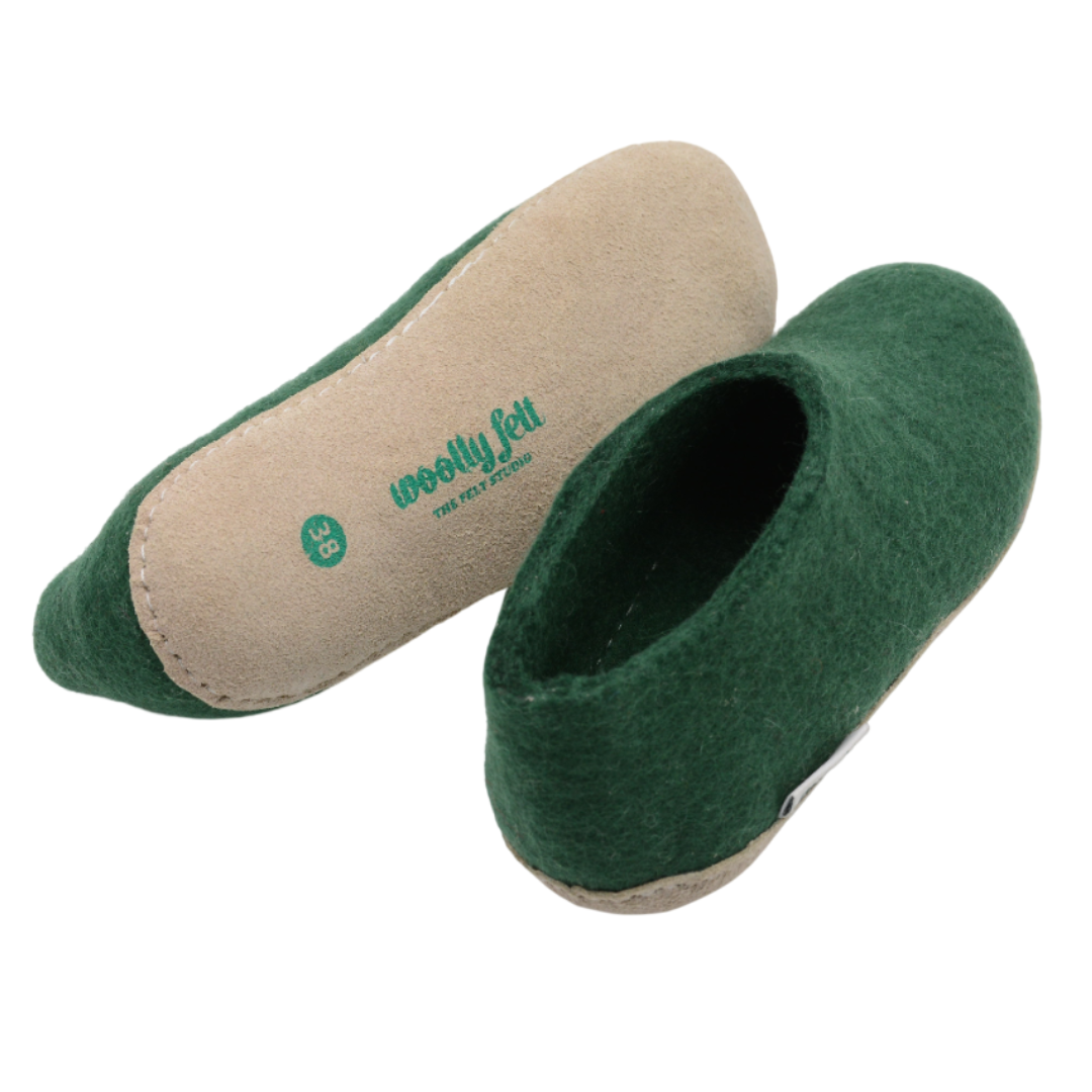 Forest Green Handmade Wool Felt Indoor Shoes with Leather Sole