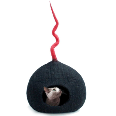Cuccia per gatti in feltro nero con coda rossa, lettino per gatti in lana, contenitore per gatti