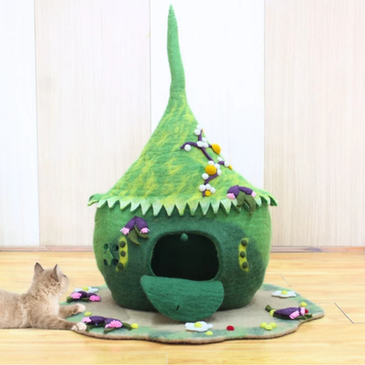 Green Berry Felt Cat Cave with Mat Handmade Wool Cat Bed