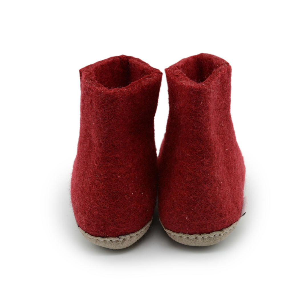 Maroon Handmade Wool Felt Indoor Boot with Leather Sole