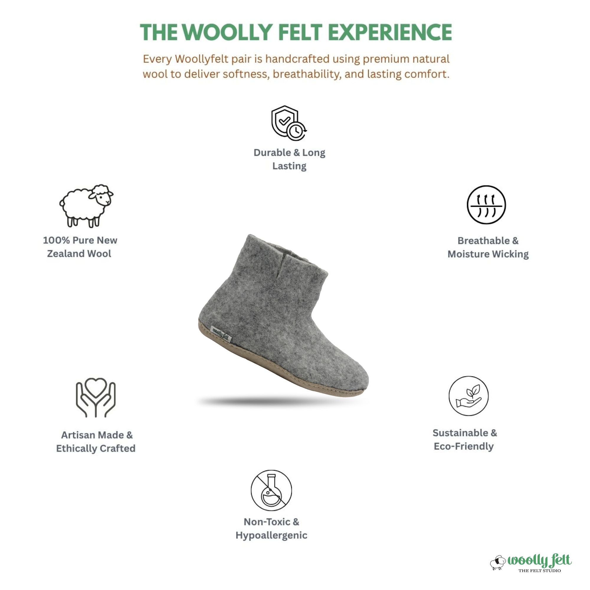 Natural Grey Handmade Wool Felt Indoor Boot with Leather Sole