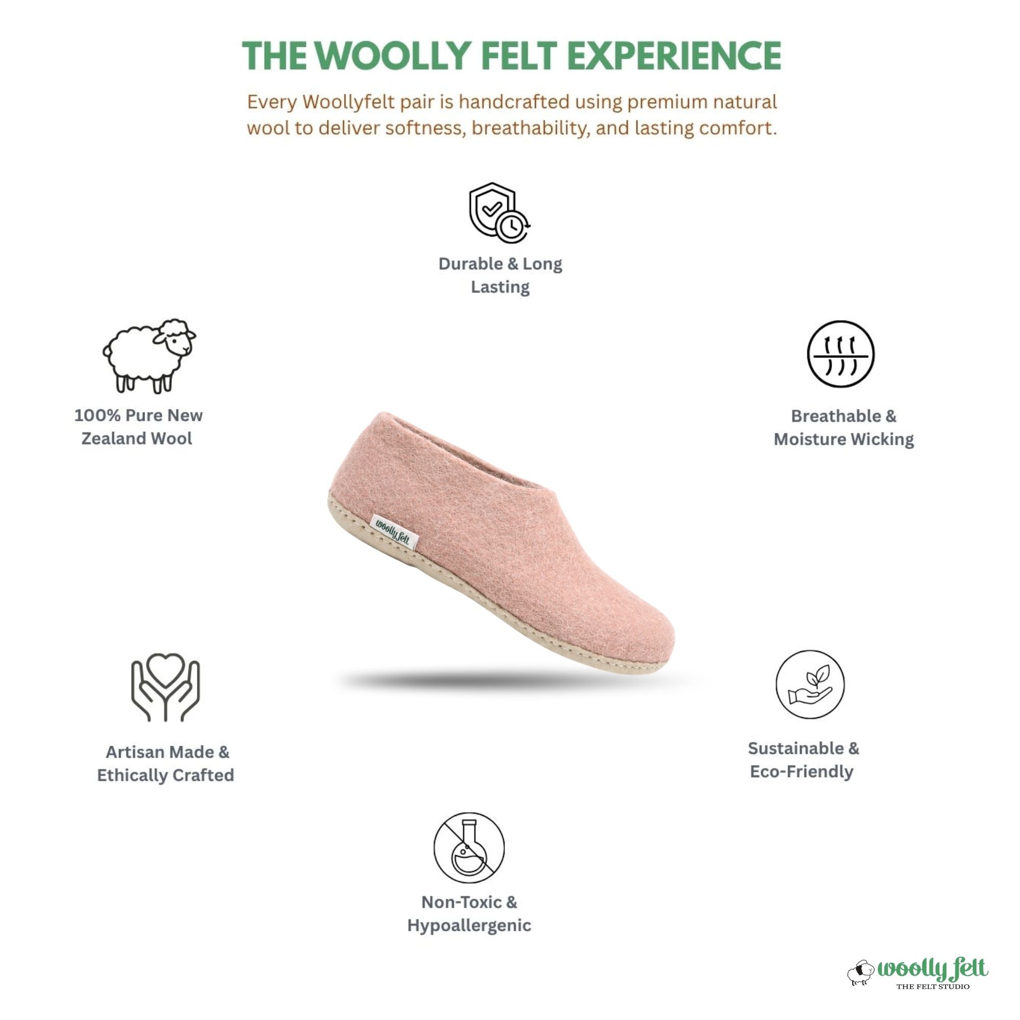 Rose Pink Handmade Wool Felt Indoor Shoes with Leather Sole