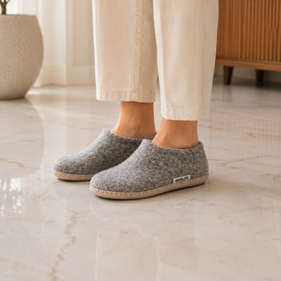 Natural Grey Handmade Wool Felt Indoor Shoes with Leather Sole