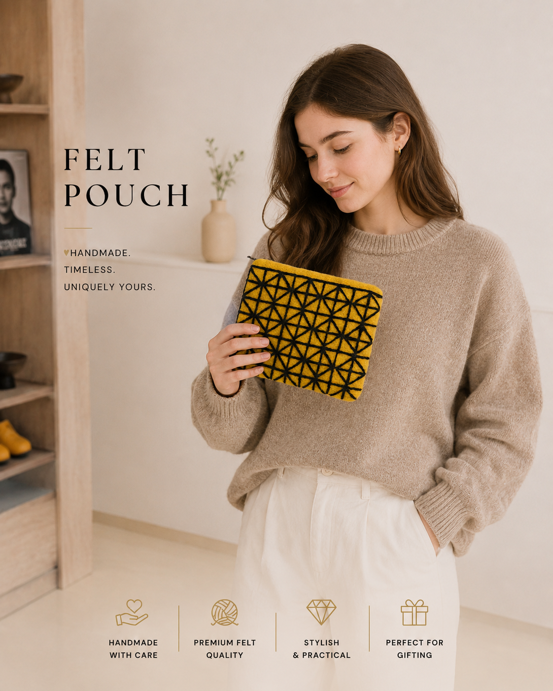 Yellow Wool Felt Coin Purse with Black Geometric Check Pattern
