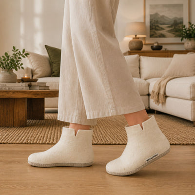 White Handmade Wool Felt Indoor Boot with Leather Sole
