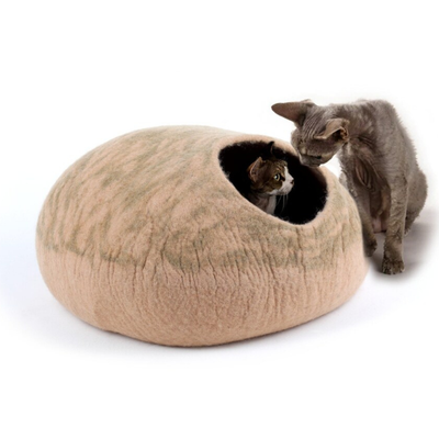 Niche pour chat en feutre à rayures beiges, fabriquée à la main en laine, lit pour chat, maison pour chat