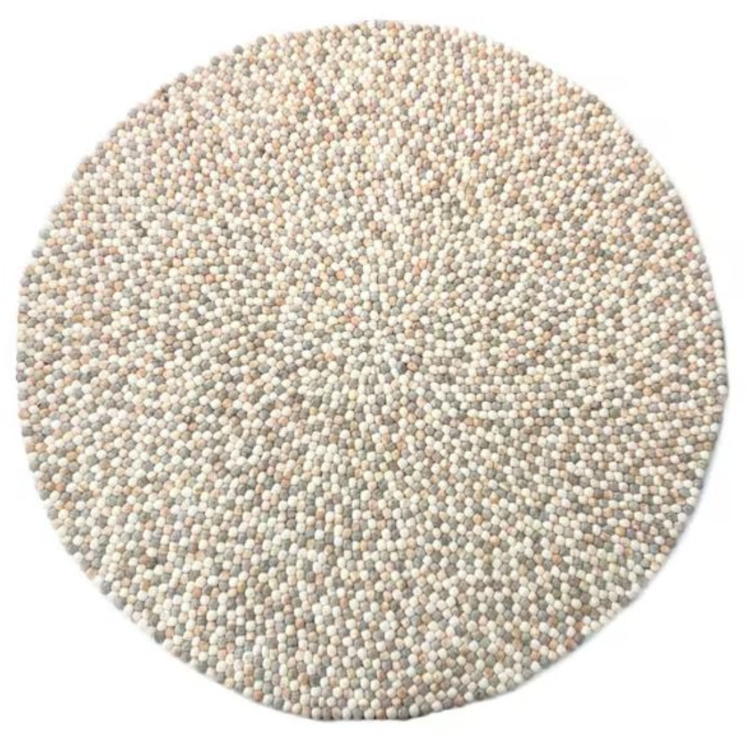 Tapis rond en laine feutrée à boules, fait main, de couleur neutre