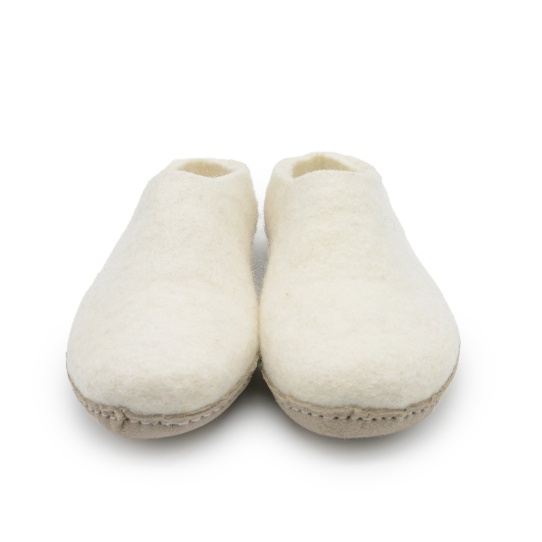 White Handmade Wool Felt Indoor Slipper with Leather Sole