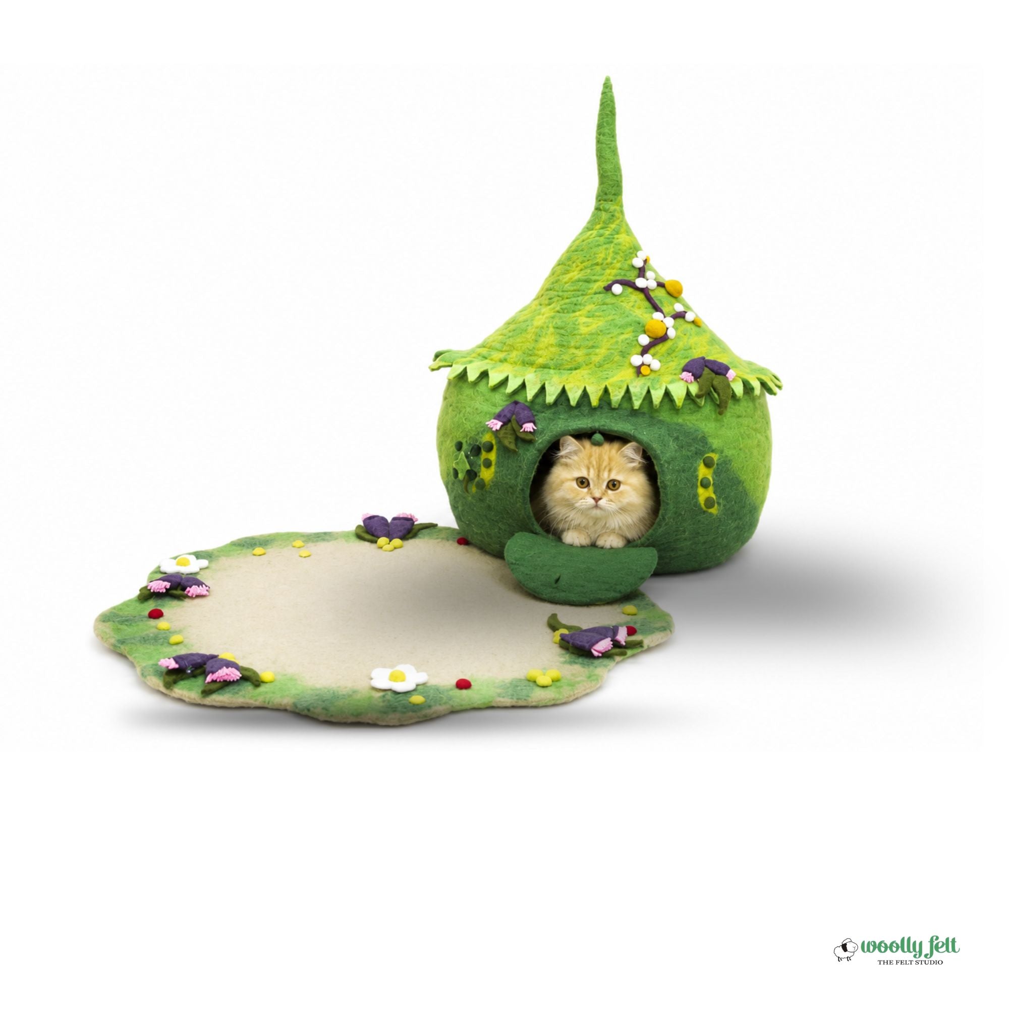 Green Berry Felt Cat Cave with Mat Handmade Wool Cat Bed
