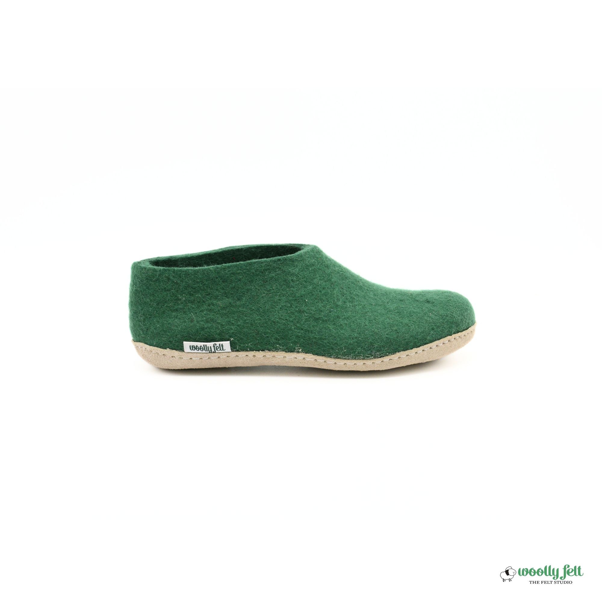 Forest Green Handmade Wool Felt Indoor Shoes with Leather Sole