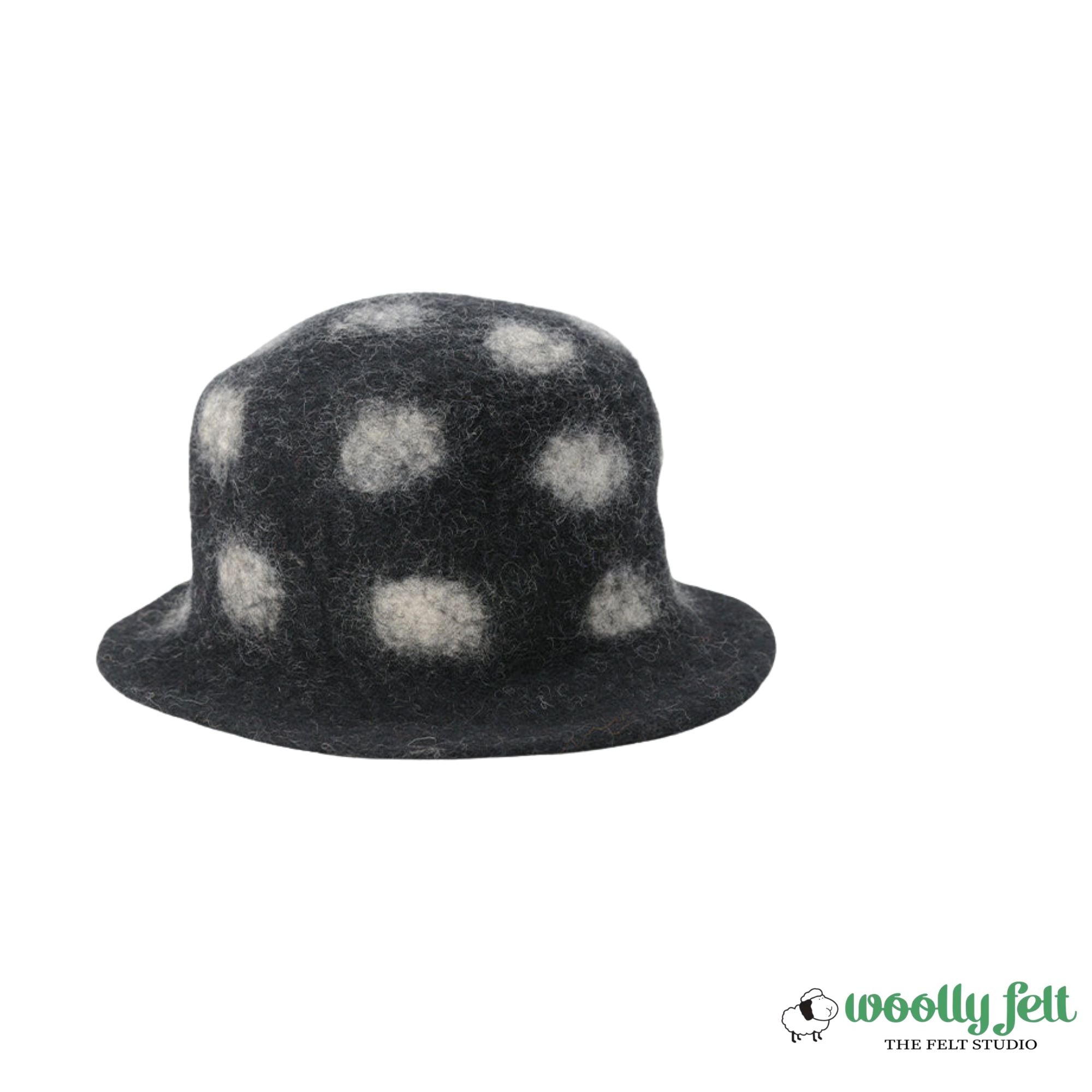Chapeau en feutre de laine noire à motif pois blancs