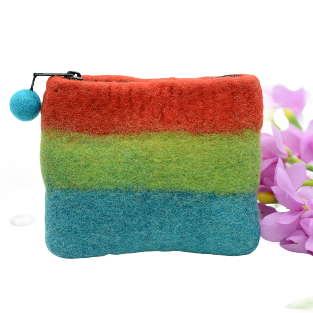 Pochette Monnaie en Feutre de Laine Rayures Arc-en-ciel avec Fermeture Éclair