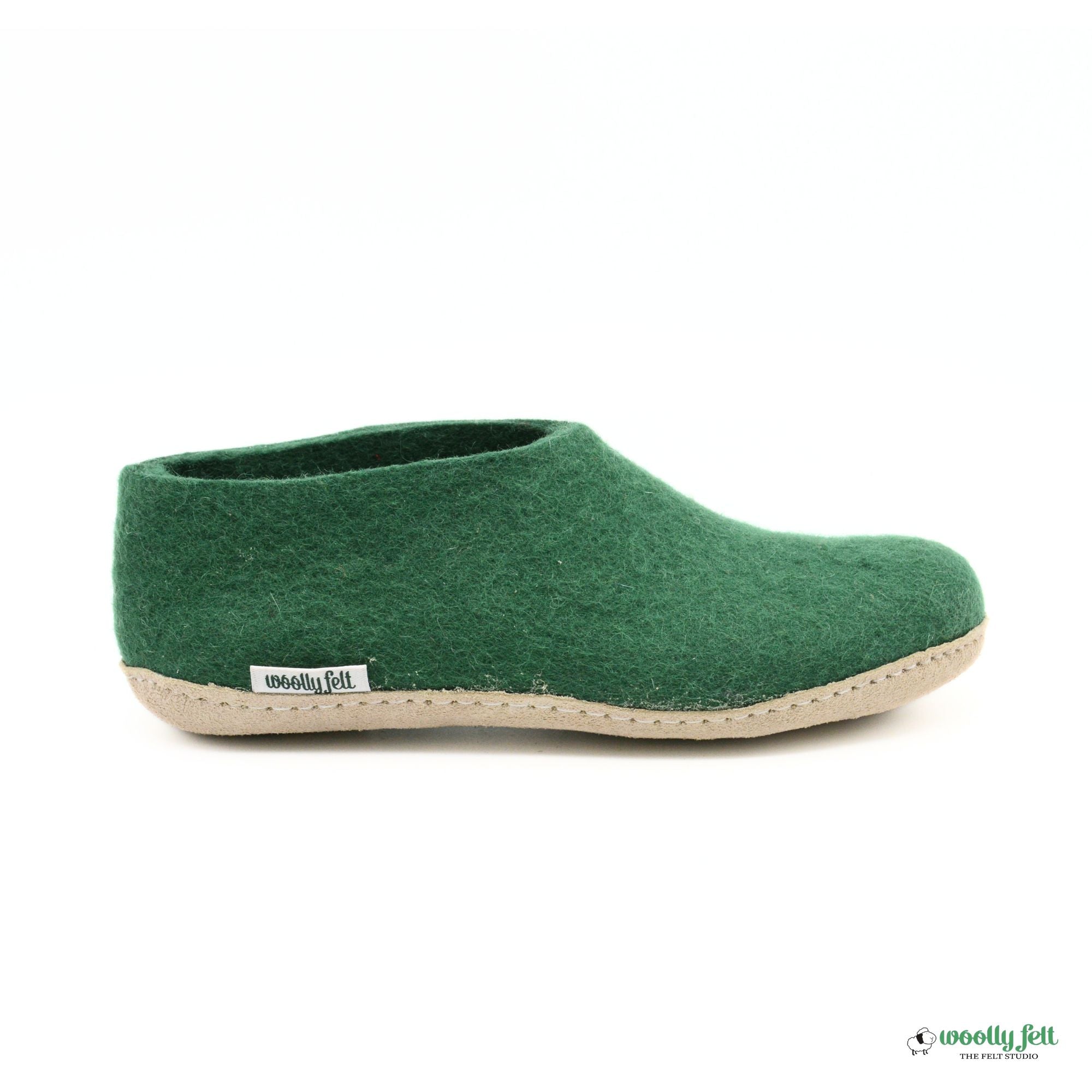 Forest Green Handmade Wool Felt Indoor Shoes with Leather Sole