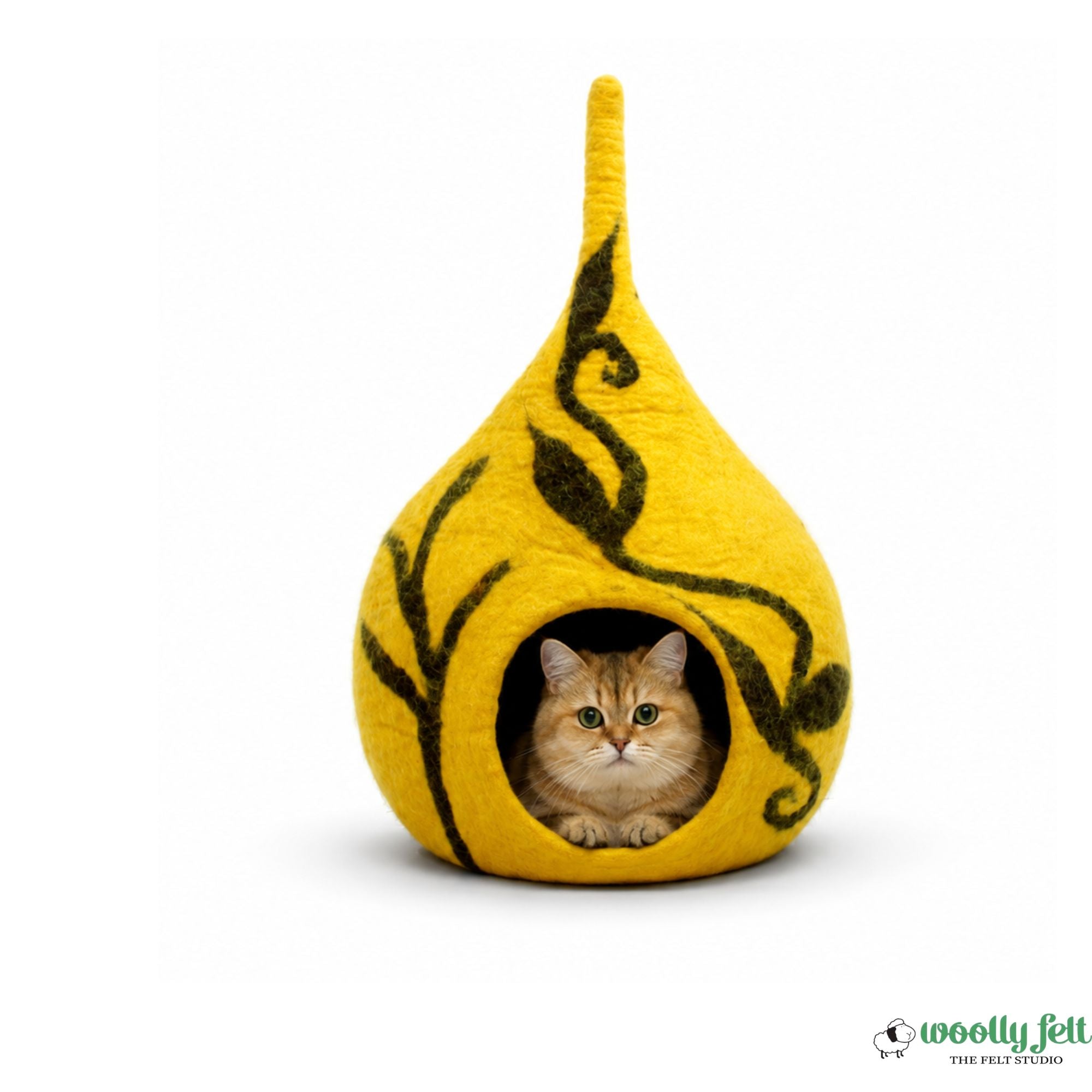 Yellow Felt Cat Cave – Modern Pet Bed with Black Flower Design