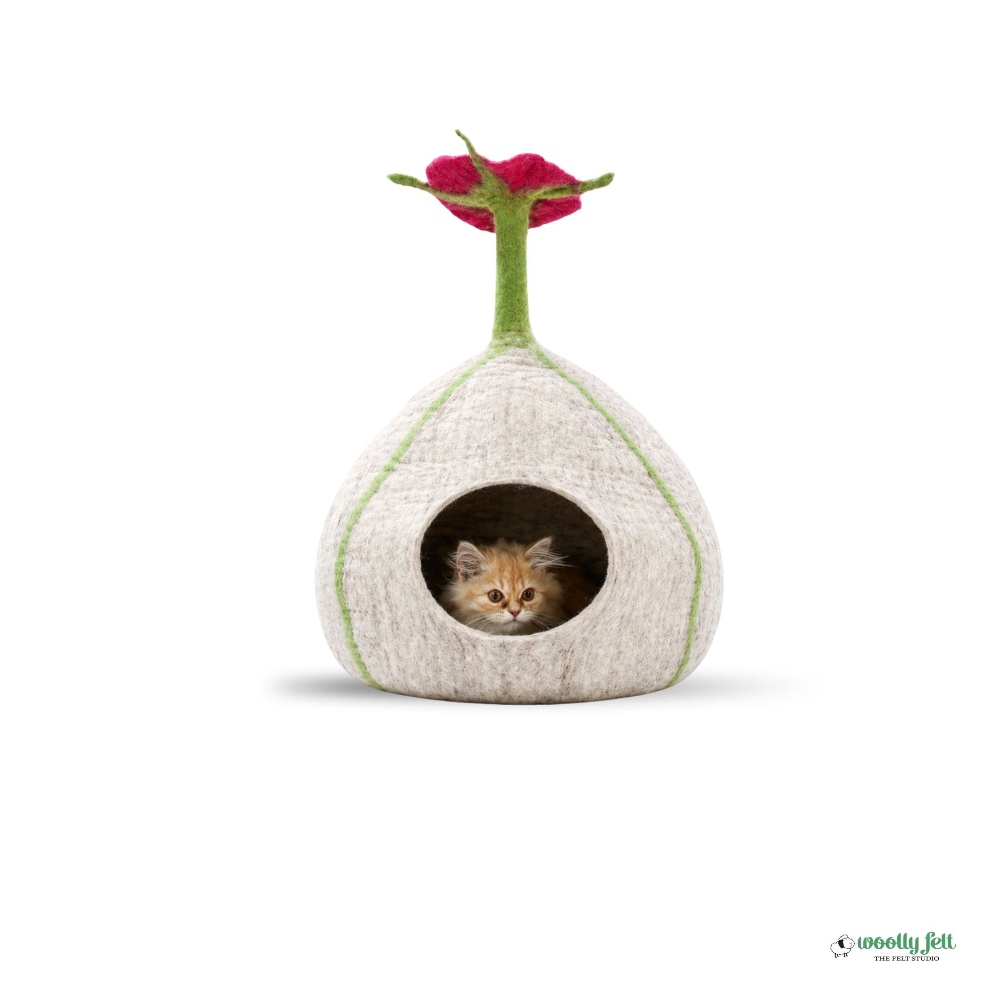 Gray Floral Felt Cat Cave Handmade Wool Cat Bed