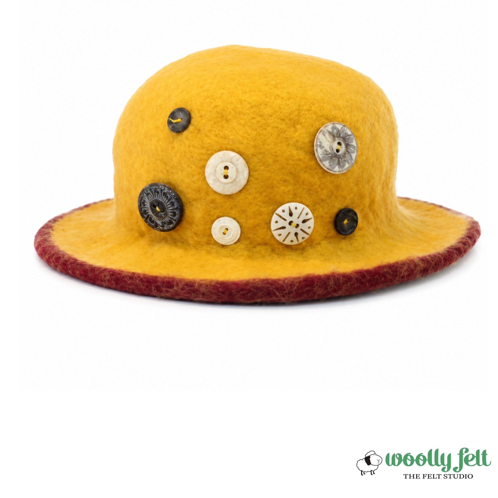 Yellow Cloche Wool Felt Hat with Button Detail