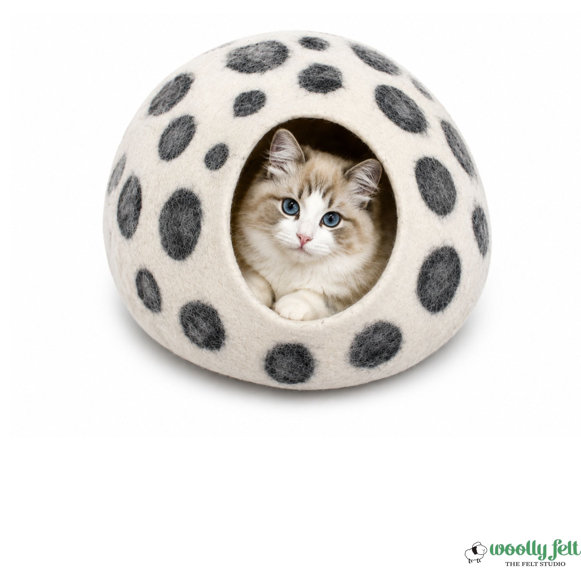 White Felt Cat Cave With Polka Dots - Handmade Dome Cat Bed, Vessel - Premium Wool Cave - Polka Doted Kitty Nest - Gift