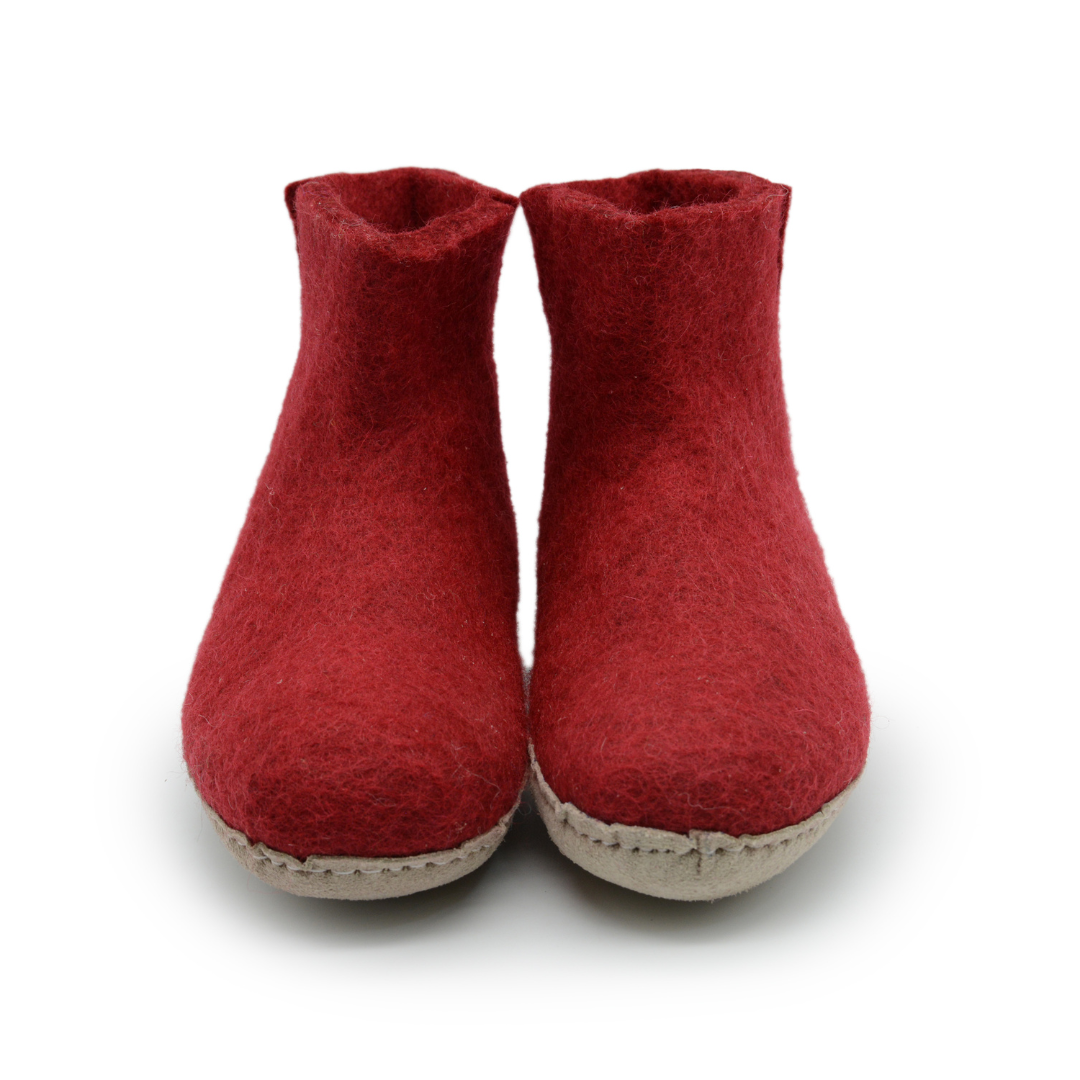 Maroon Handmade Wool Felt Indoor Boot with Leather Sole