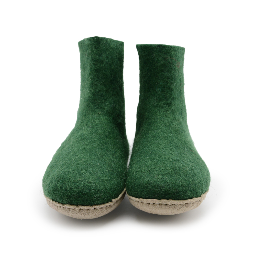 Forest Green Handmade Wool Felt Indoor Boot with Leather Sole