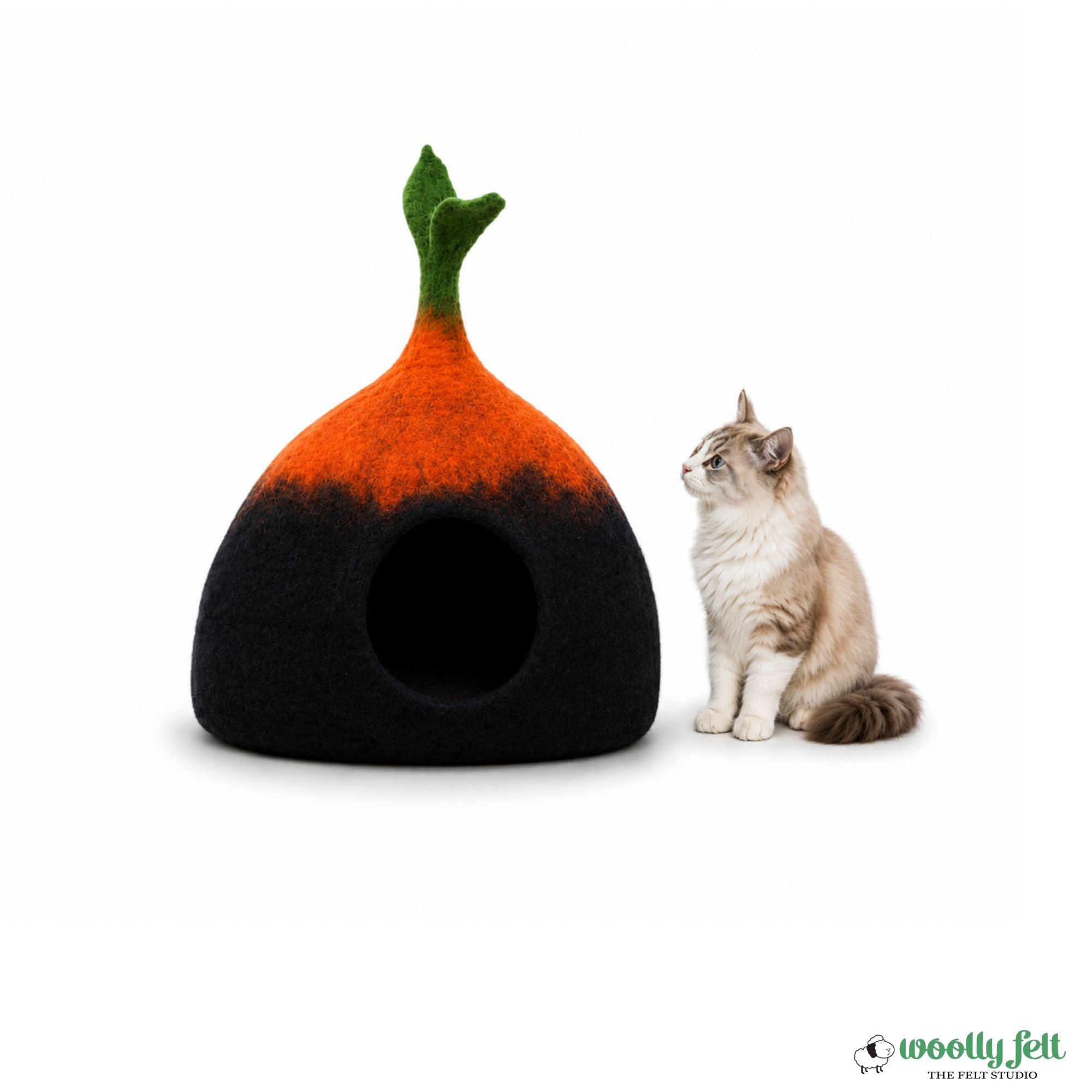 Tie-Dye Color Felt Cat Cave With Leaf On Top - Handmade Felted Cat Cocoon - Sustainable And Eco-Friendly Cat House