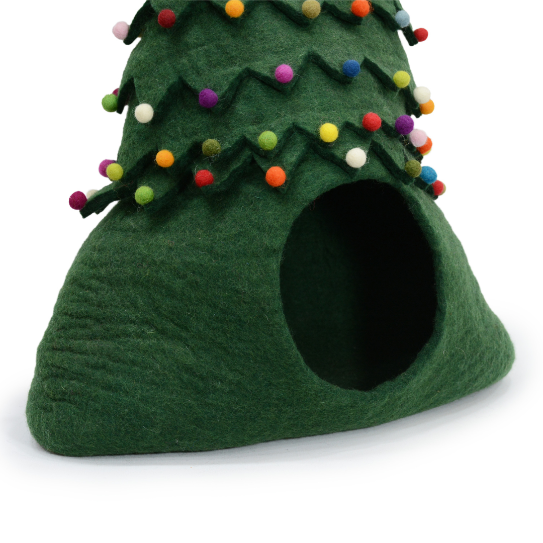 Weihnachtsbaum-Katzenhöhle aus Filz, handgefertigtes Katzenbett aus Wolle