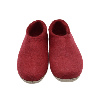 Maroon Handmade Wool Felt Indoor Shoes with Leather Sole