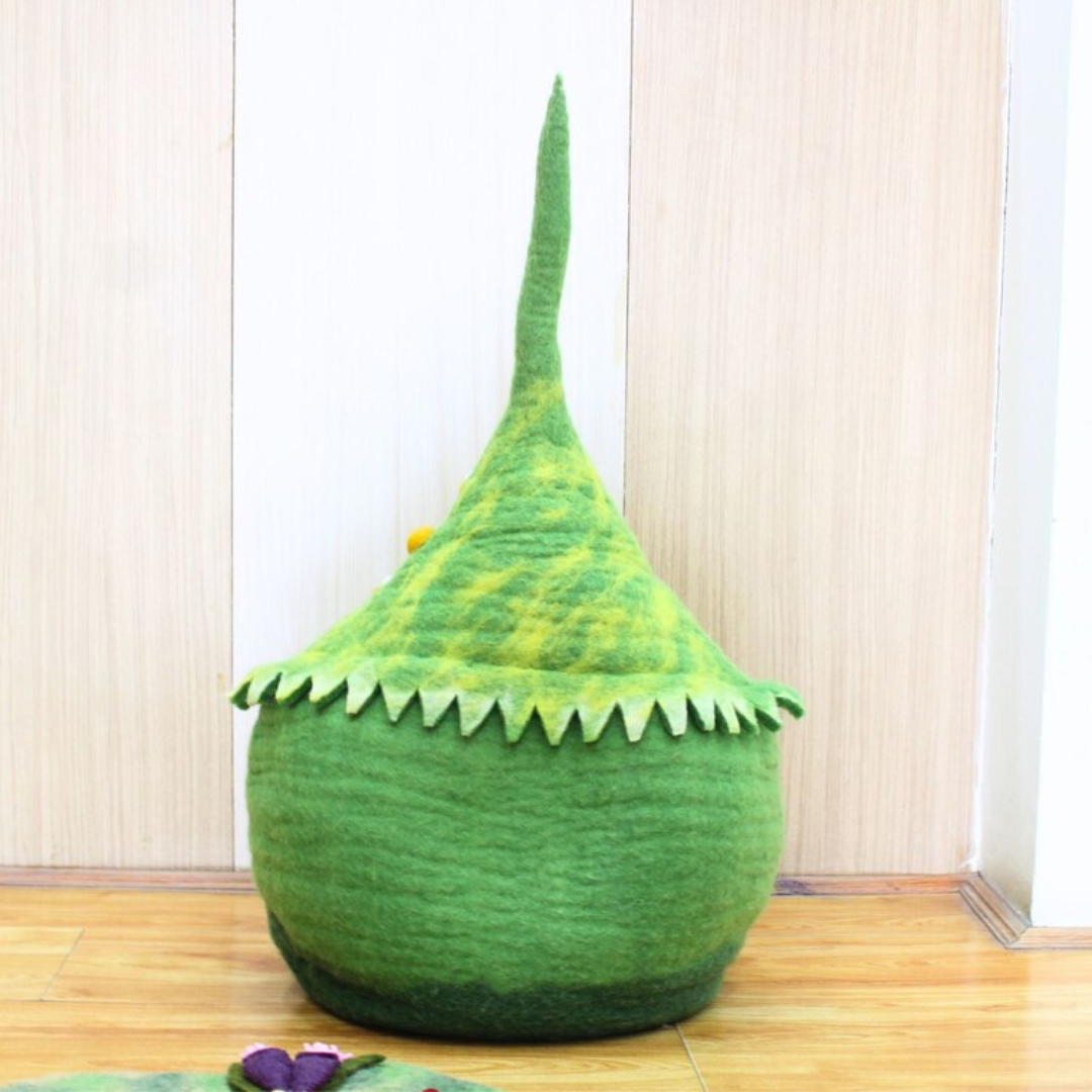 Green Berry Felt Cat Cave with Mat Handmade Wool Cat Bed