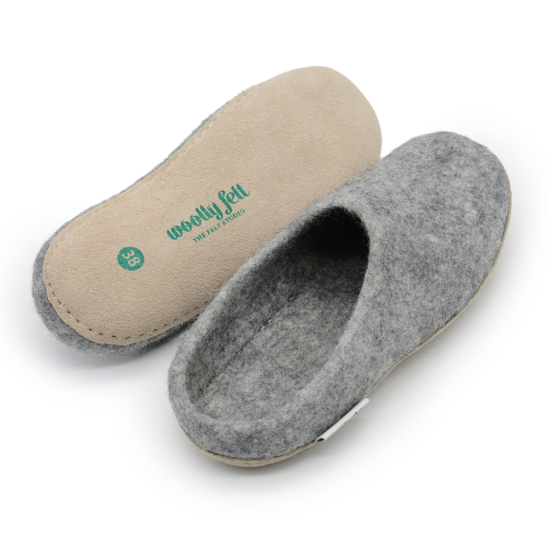 Natural Grey Handmade Wool Felt Indoor Slipper with Leather Sole