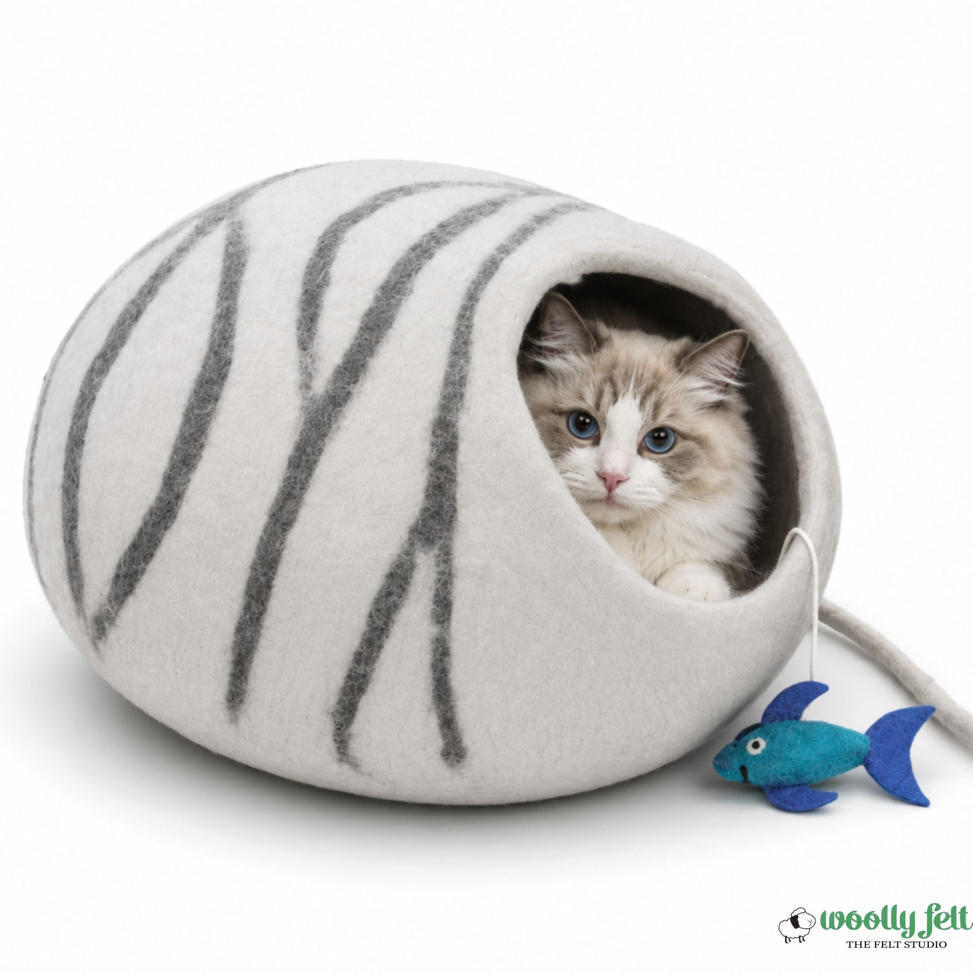 Wool Cat Cave – Grey Round Bed with Black Stripes