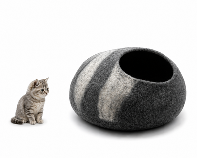 Dark Grey Stone Felt Cat Cave - Round Wool Kitty Bed