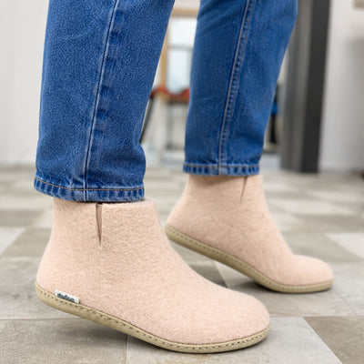 Rose Pink Handmade Wool Felt Indoor Boot with Leather Sole