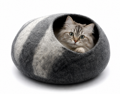 Dark Grey Stone Felt Cat Cave - Round Wool Kitty Bed