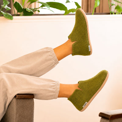 Olive Green Handmade Wool Felt Indoor Boot with Leather Sole