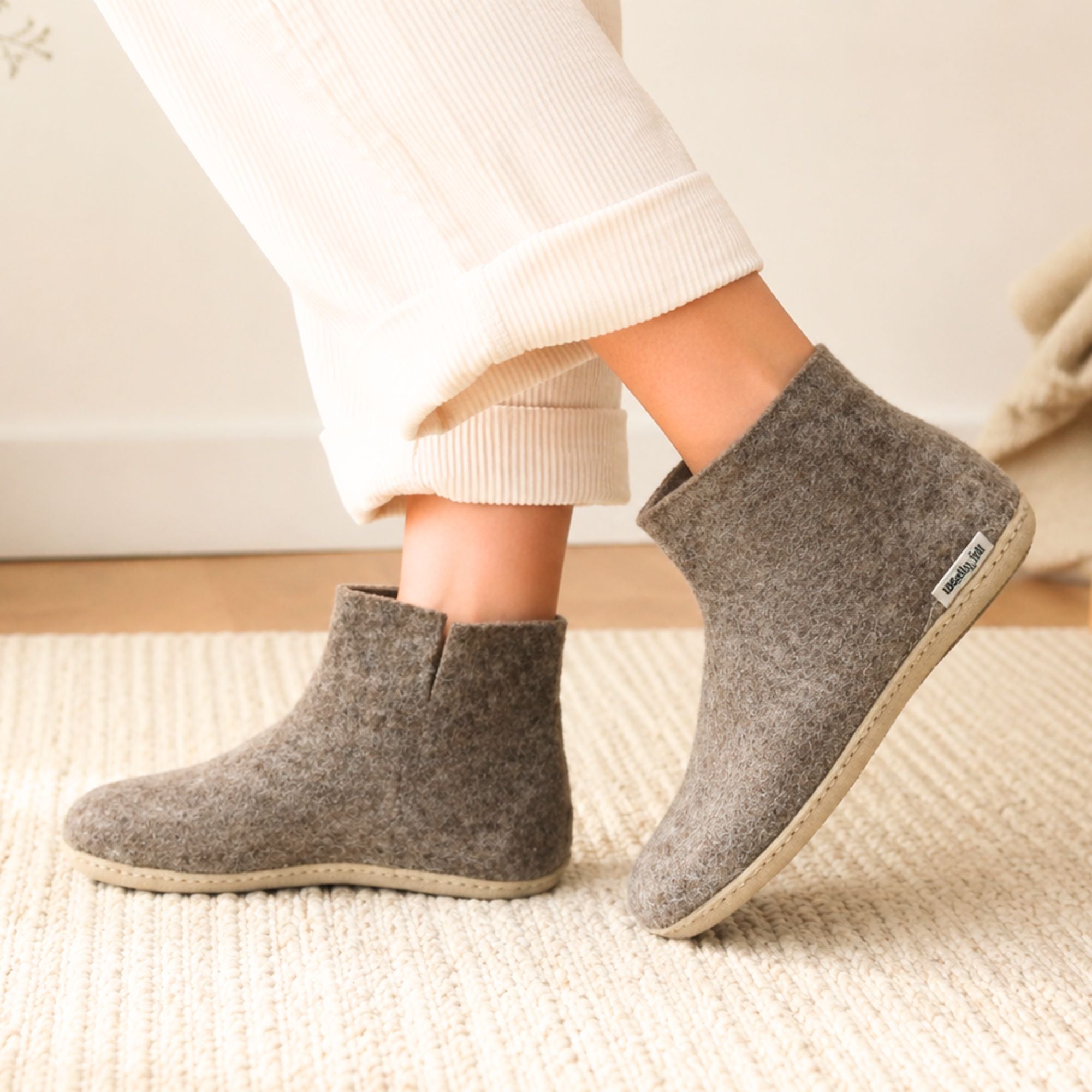 Natural Grey Handmade Wool Felt Indoor Boot with Leather Sole