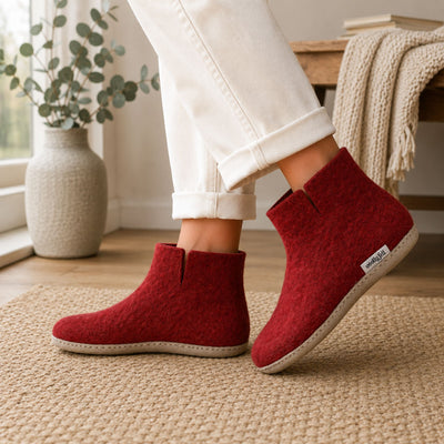 Maroon Handmade Wool Felt Indoor Boot with Leather Sole