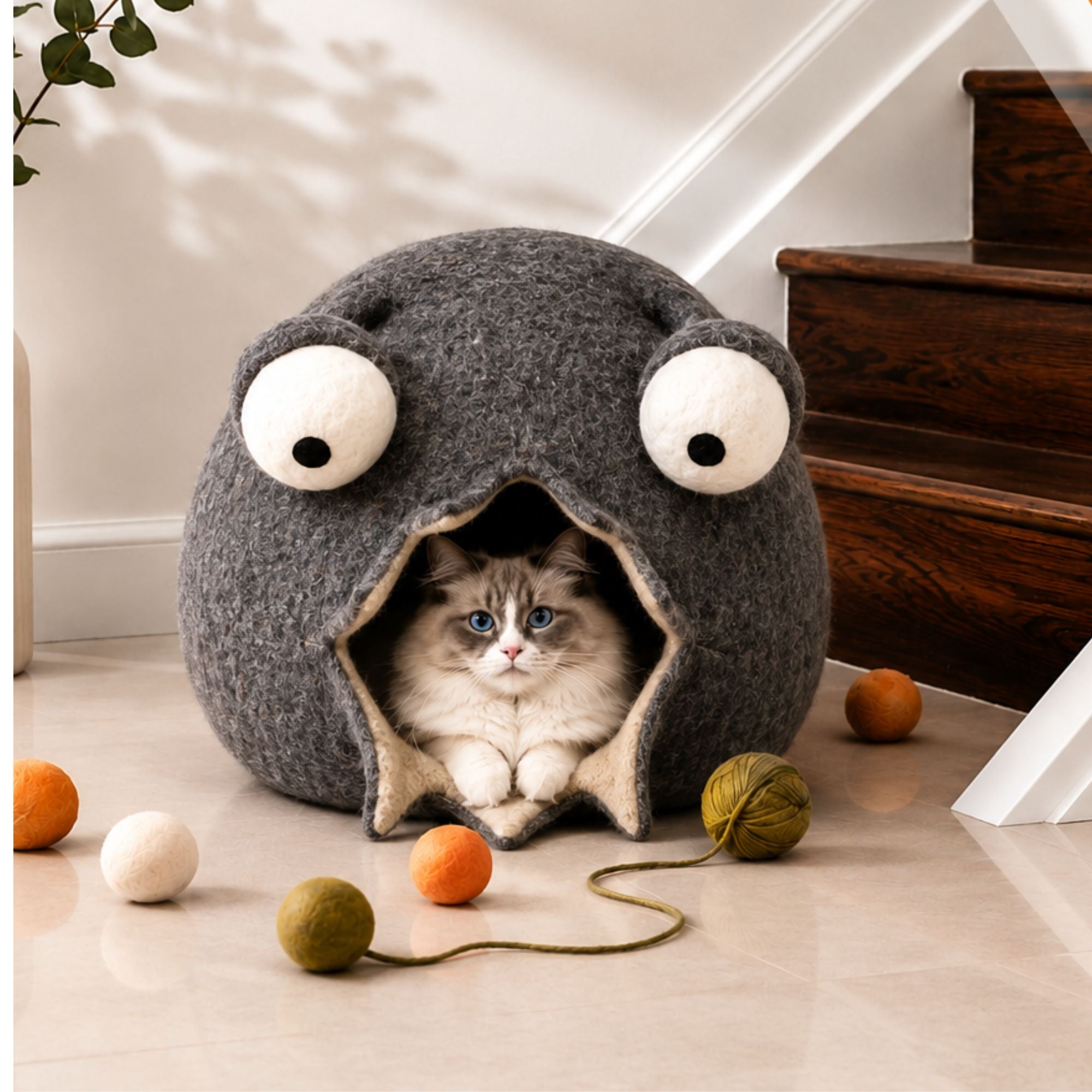 Grotte pour chat en feutre gris foncé en forme d'escargot, lit douillet pour chat en laine, maison confortable pour chat